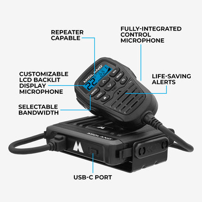 Midland - MXT275VP4-15 Watt GMRS MicroMobile Two-Way Radio - ATVs UTVs and Other Off-Road Vehicles - Overlanding Gear - Extended 3dB gain Roll Bar Mount Antenna Microphone Extension Cable