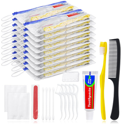 Xuezoioy Personal Hygiene Kit Bulk Pack of 100,Yellow Disposable Toothbrushes with Toothpaste Floss Comb Cover and Hotel Vanity Set Basic Travel Toiletry Kit Supplies for Homeless,Charity,Guests