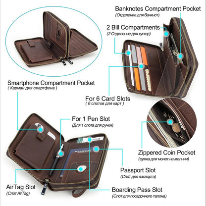 Men's Full Grain Leather Travel Passport Wallet Large Capacity Wristlet Clutch Phone Organizer Purse (Coffee)