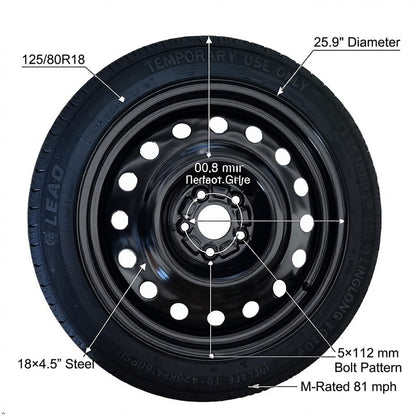 Spare Tire Kit Compatible with 2015-2026 Mercedes C‑Class & CLA‑Class (Except C63 S) | 125/80R18 Compact Spare Wheel with 18x4.5 Rim | Complete Roadside Kit Includes Jack, Lug Wrench & Storage Bag