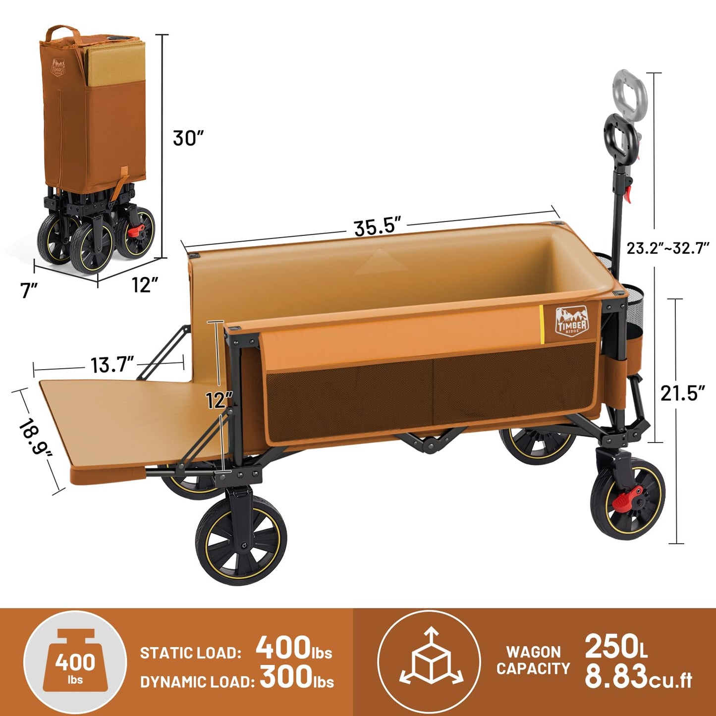 Timber Ridge 49" Extra Long Collapsible Folding Wagon with Tailgate and Brakes, 300lbs Heavy Duty Foldable Wagon with Adjustable Handle, 250L Capacity Portable Cart for Outdoor Camping Sports, Orange