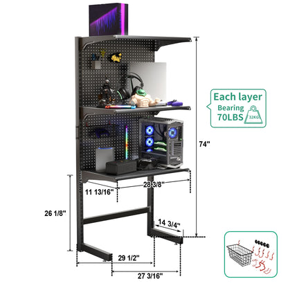 JWX DDB Gaming Standing Shelf Units, 30‘’ Free Standing Gaming Shelf Pegboard Cabinet with Home Office Metal Pegboard and 15 Pieces Organizer Tool Holders