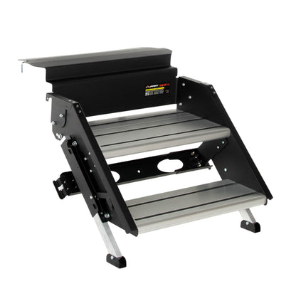 Lippert Solid Step 4.0 Premium Double RV Camper Entry Steps with 26" Step Width, XL Top Tread, 8" Rise, 500-lb. Weight Capacity, Adjustable Legs, Recessed Feet, Foldable Design - 2024056996