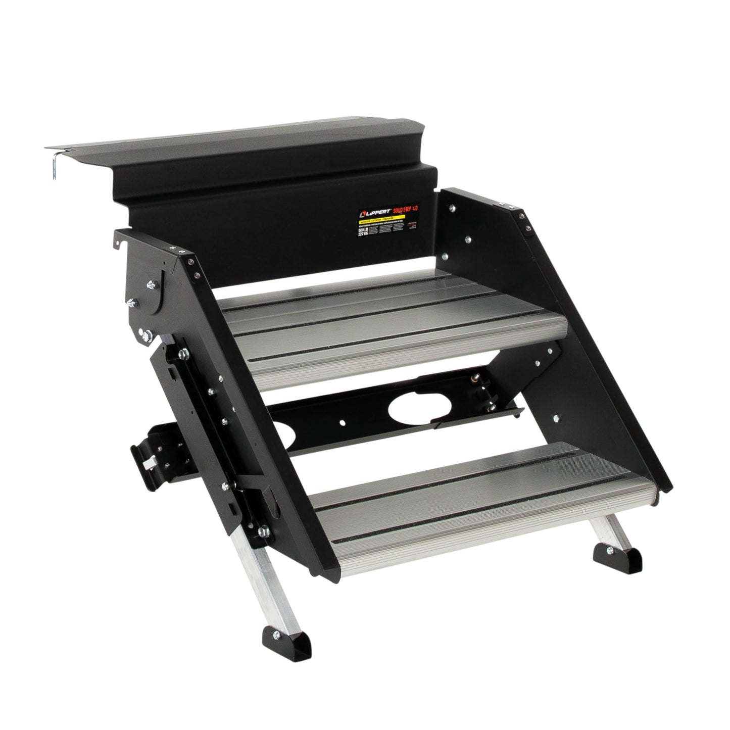 Lippert Solid Step 4.0 Premium Double RV Camper Entry Steps with 26" Step Width, XL Top Tread, 8" Rise, 500-lb. Weight Capacity, Adjustable Legs, Recessed Feet, Foldable Design - 2024056996