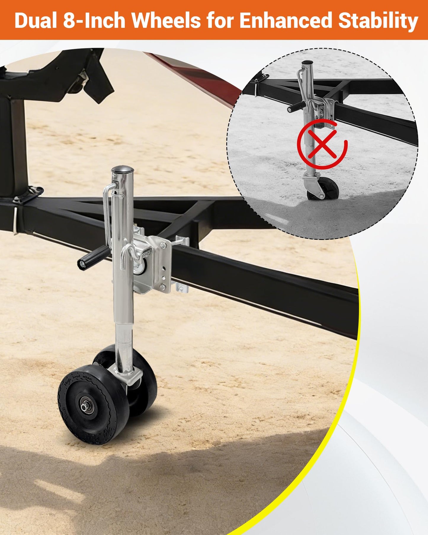 Boat Trailer Jack with Dual-Function Dolly, Two Wheel Swivel Folding Trailer Jack, Dual 8-Inch Wheels, Detachable Handle, 1,000 lbs Tongue Weight, for Garage, Driveway, Boat & Utility Trailers