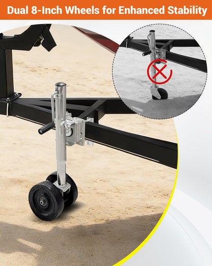 Boat Trailer Jack with Dual-Function Dolly, Two Wheel Swivel Folding Trailer Jack, Dual 8-Inch Wheels, Detachable Handle, 1,000 lbs Tongue Weight, for Garage, Driveway, Boat & Utility Trailers