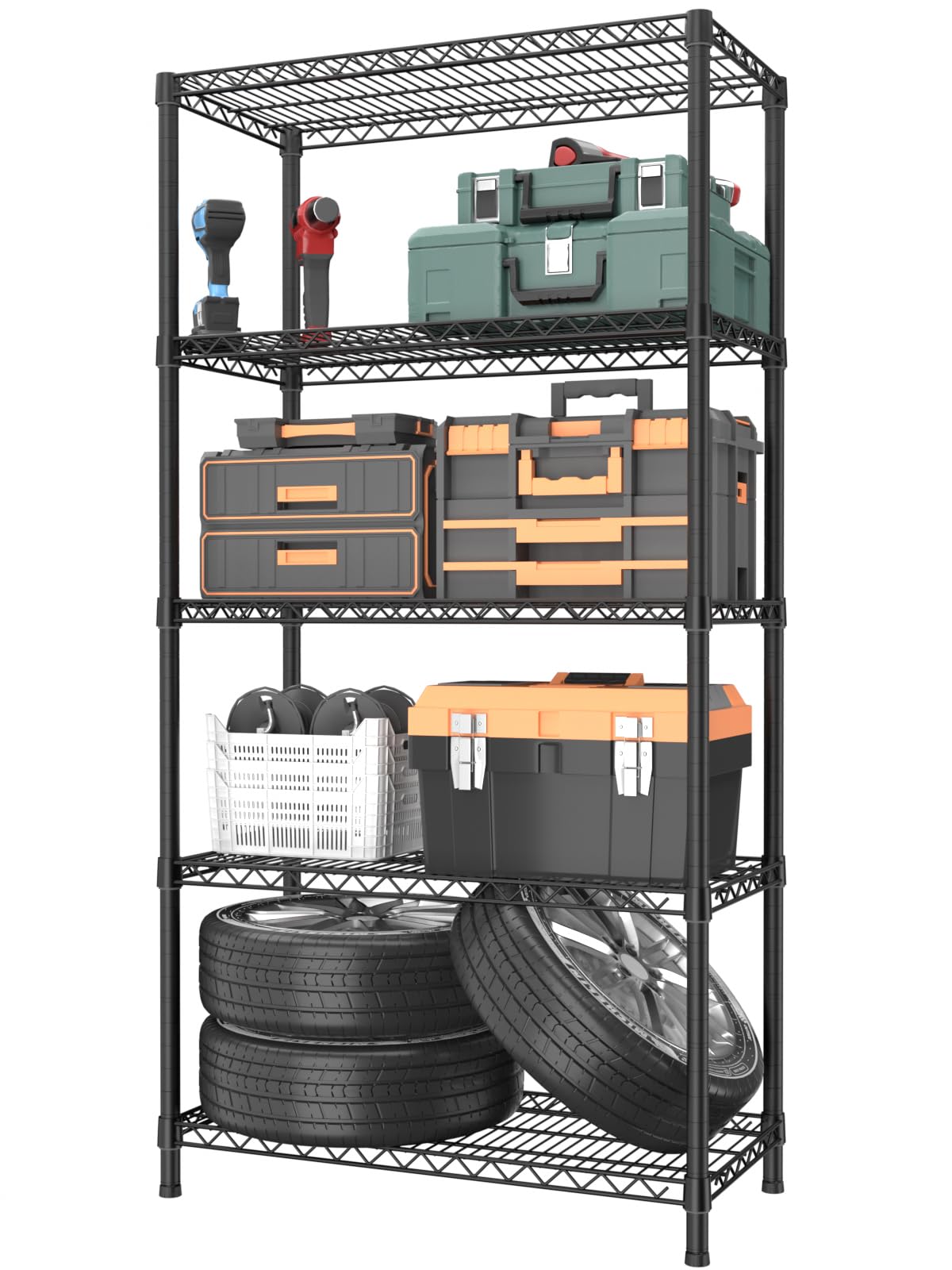 Golpart 5 Tier Heavy Duty Adjustable Storage Shelf Organizer Storage Metal Shelves Garage Wire Shelving Unit Pantry Rack 18" D x 36" W x 71.25" H,Black