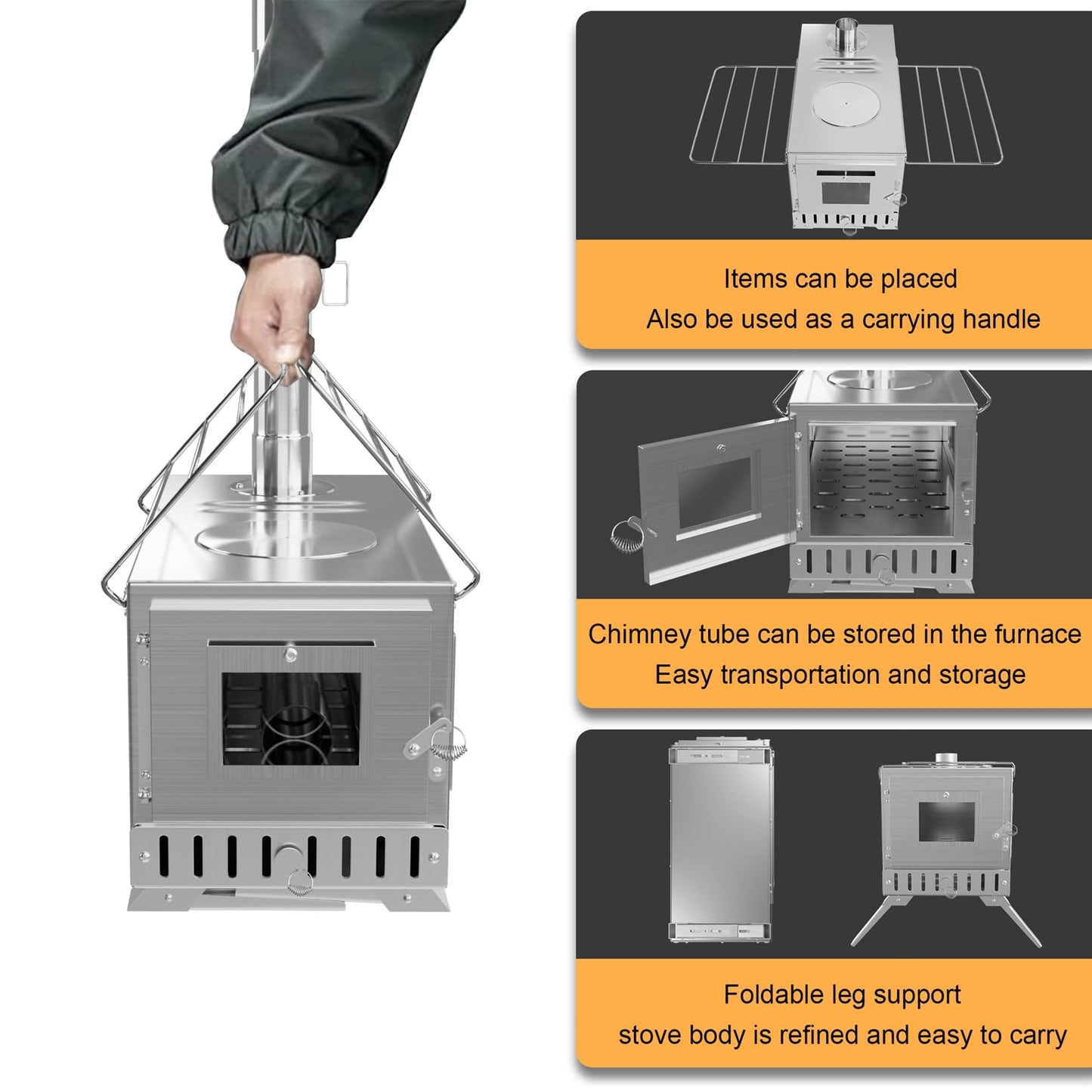 Hot Tent Stove, unho Wood Burning Stove, Portable Wood Stove with 6 Stainless Chimney Pipes for Outdoor Heating & Cooking, Ice Fishing, Hunting,Winter Warmth