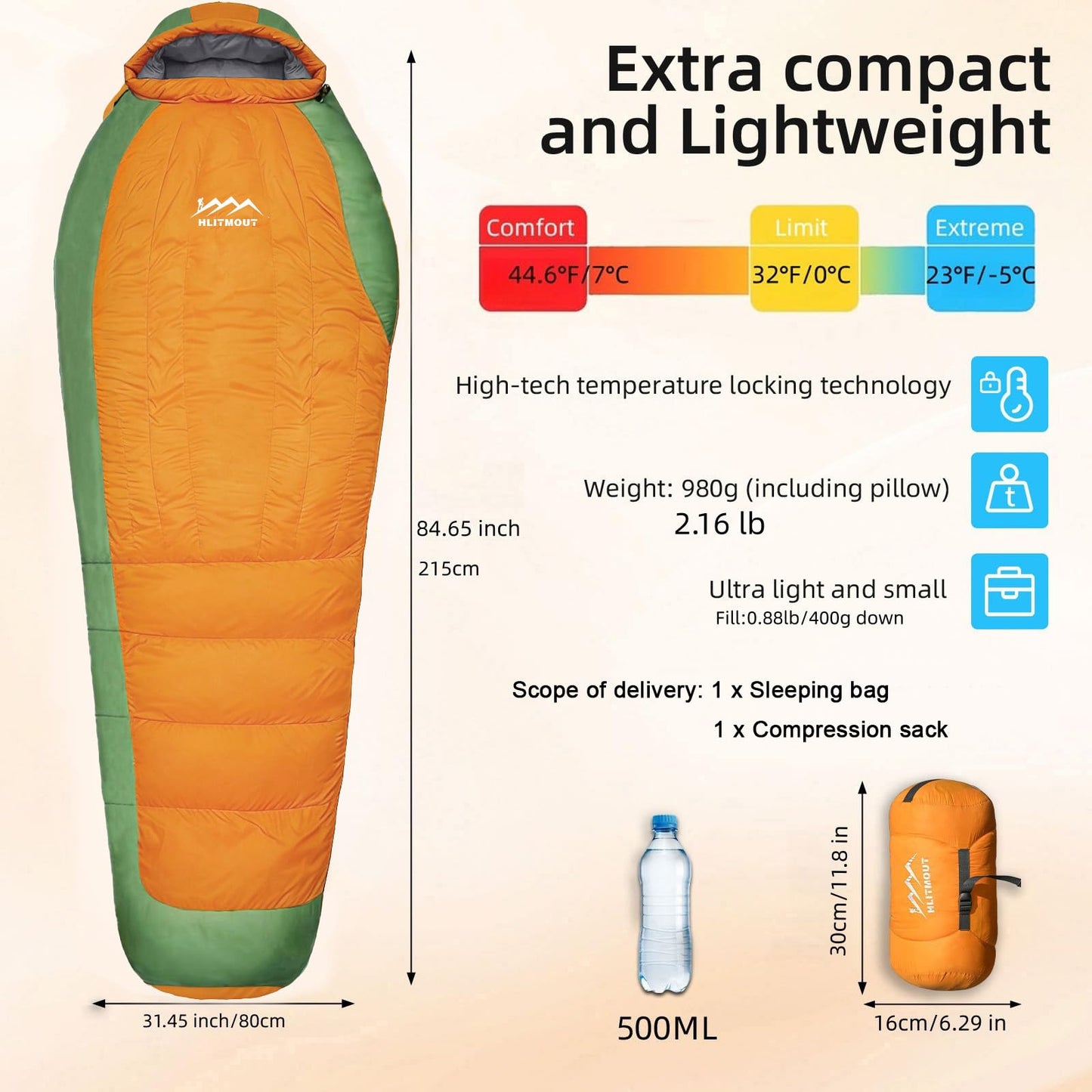 HLITMOUT Down Sleeping Bag with Pillow, 0°F 20°F 32°F Regular and XL Compact Lightweight Sleeping Bag for Adults,Teens Backpacking,Camping and Hiking Outdoor (Orange, Regular 32°F)