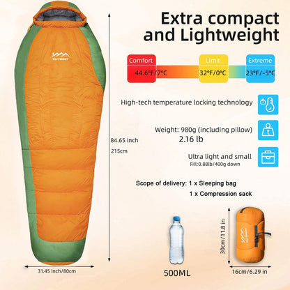 HLITMOUT Down Sleeping Bag with Pillow, 0°F 20°F 32°F Regular and XL Compact Lightweight Sleeping Bag for Adults,Teens Backpacking,Camping and Hiking Outdoor (Orange, Regular 32°F)