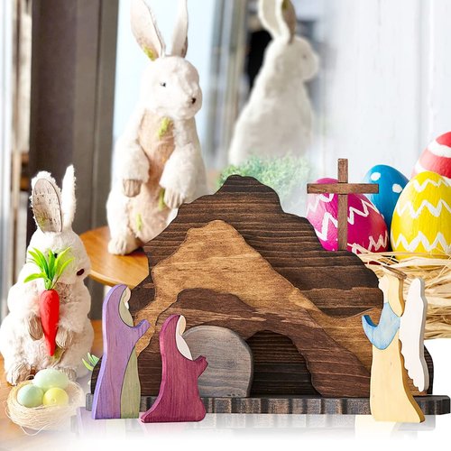 IoF Easter Resurrection Scene Ornament, Wooden Religious He is Risen Easter Decorations, Wood Christian Empty Tomb Figurines, Jesus Nativity Home Decor Set Gifts for Kids for Easter, Christmas, Office