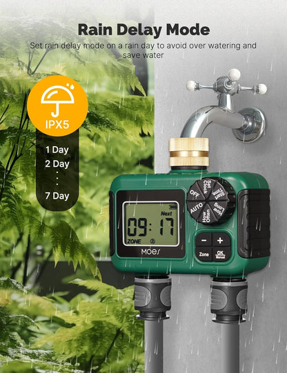 MOES 2 Zone Sprinkler Timer - Programmable Automatic Irrigation Controller with Brass Inlet & Rain Delay