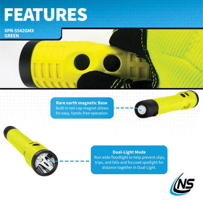 Nightstick XPR-5542GMX Intrinsically Safe Rechargeable Dual-Light Flashlight with Magnet, Green/Black