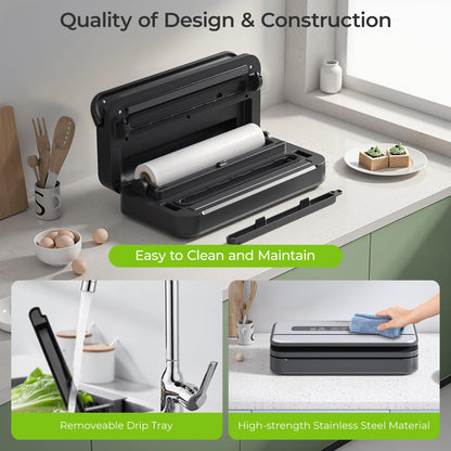 Vacuum Sealer, 90Kpa Food Vacuum Sealer Machine Built-in Cutter & Bag Storage, Food Preservation Dry/Moist/Liquid Mode, Sauces and More, Handle Locked Design Includes 2Roll + 5 Bags