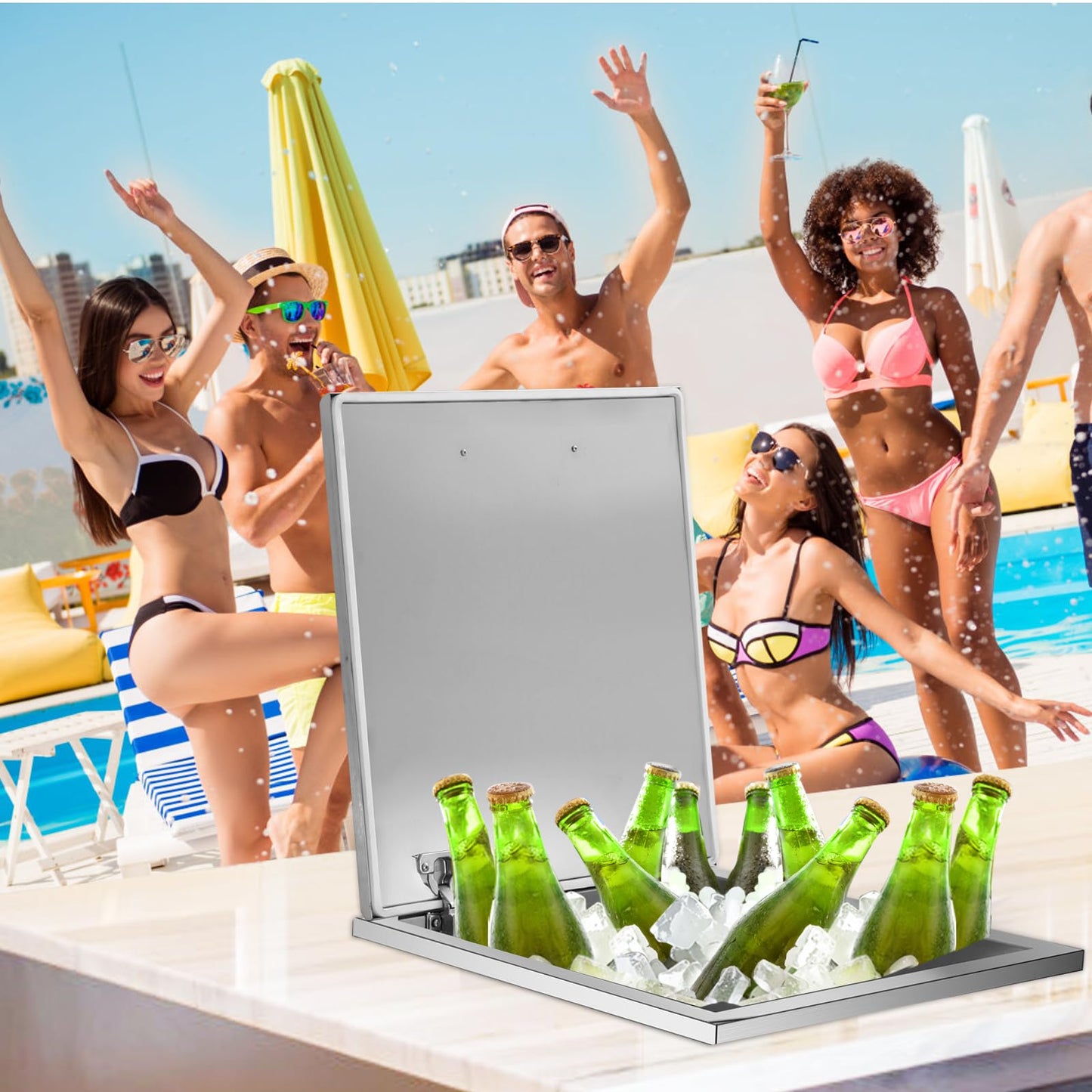 GarveeLife Drop in Ice Chest, 20" L x 14" W x 13" H Stainless Steel Ice Cooler, Commercial Ice Bin with Hinged Cover, Outdoor Kitchen Ice Bar, Drain-Pipe and Drain Plug Included, for Cold Wine Beer