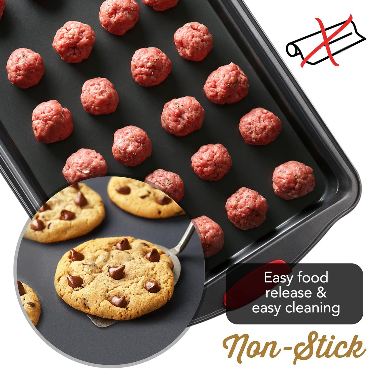 Skiennix Baking Sheet Set - 3-Piece Nonstick Cookie Sheets with Silicone Handles | Durable Steel Pans - Black