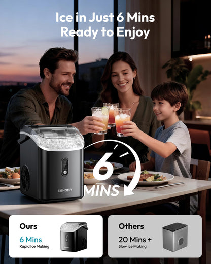 EUHOMY Nugget Ice Maker Countertop with Handle, Ready in 6 Mins, 38lbs/Day, Removable Top Cover, Self-Cleaning, Portable Chewable Ice Maker with Basket, Scoop, for Home/RV/Party/Camping (Black)