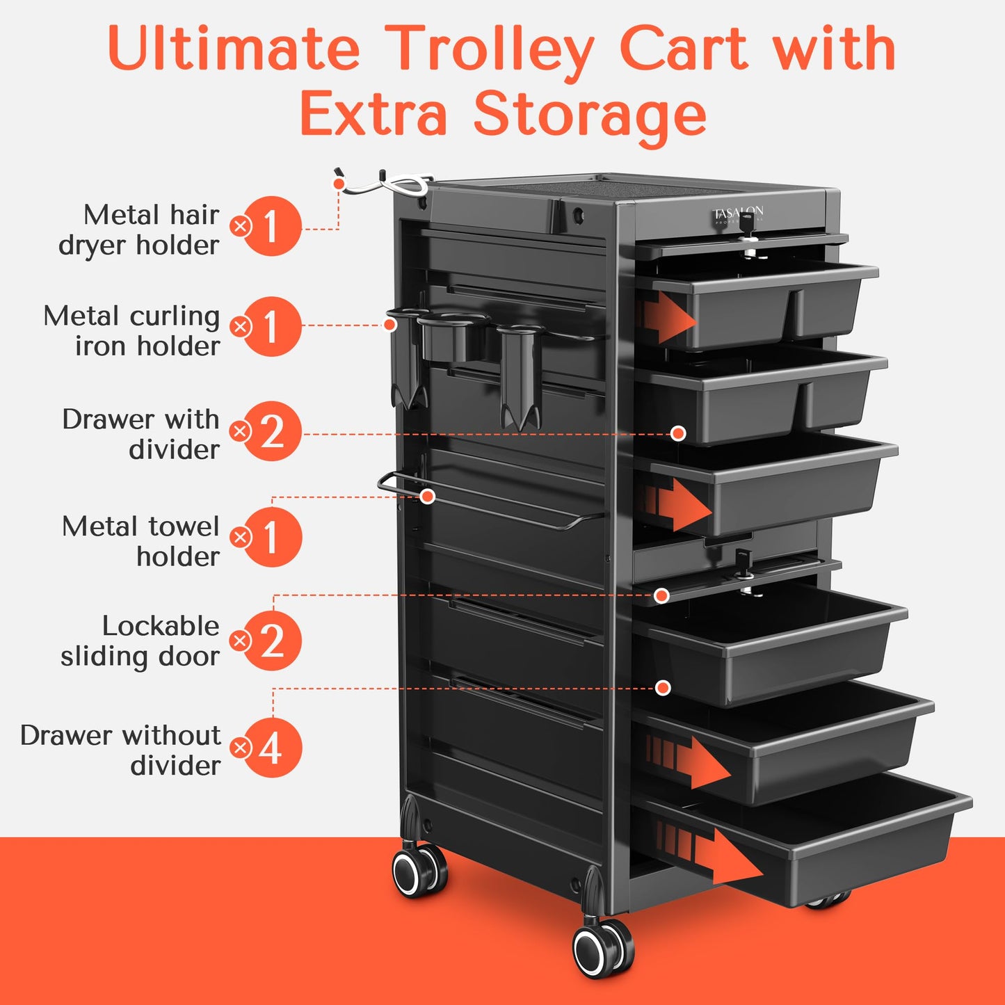 TASALON Lockable Salon Trolley, 6-Drawer Rolling Beauty Cart with Tool Holders, Mobile Hair Stylist Station with Locking Doors & Wheels, Black