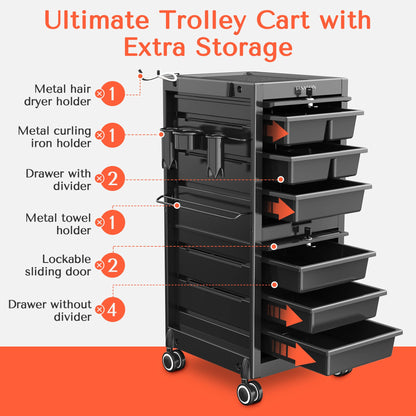 TASALON Lockable Salon Trolley, 6-Drawer Rolling Beauty Cart with Tool Holders, Mobile Hair Stylist Station with Locking Doors & Wheels, Black