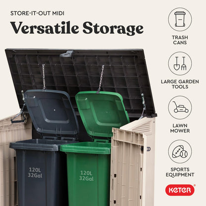 Keter Store-It-Out MIDI Outdoor Resin Storage Shed – Weather-Resistant Horizontal Cabinet for Trash Cans, Garden Tools & Patio Accessories – Lockable, Easy-Lift Lid, 30 Cu. Ft. Capacity, Beige