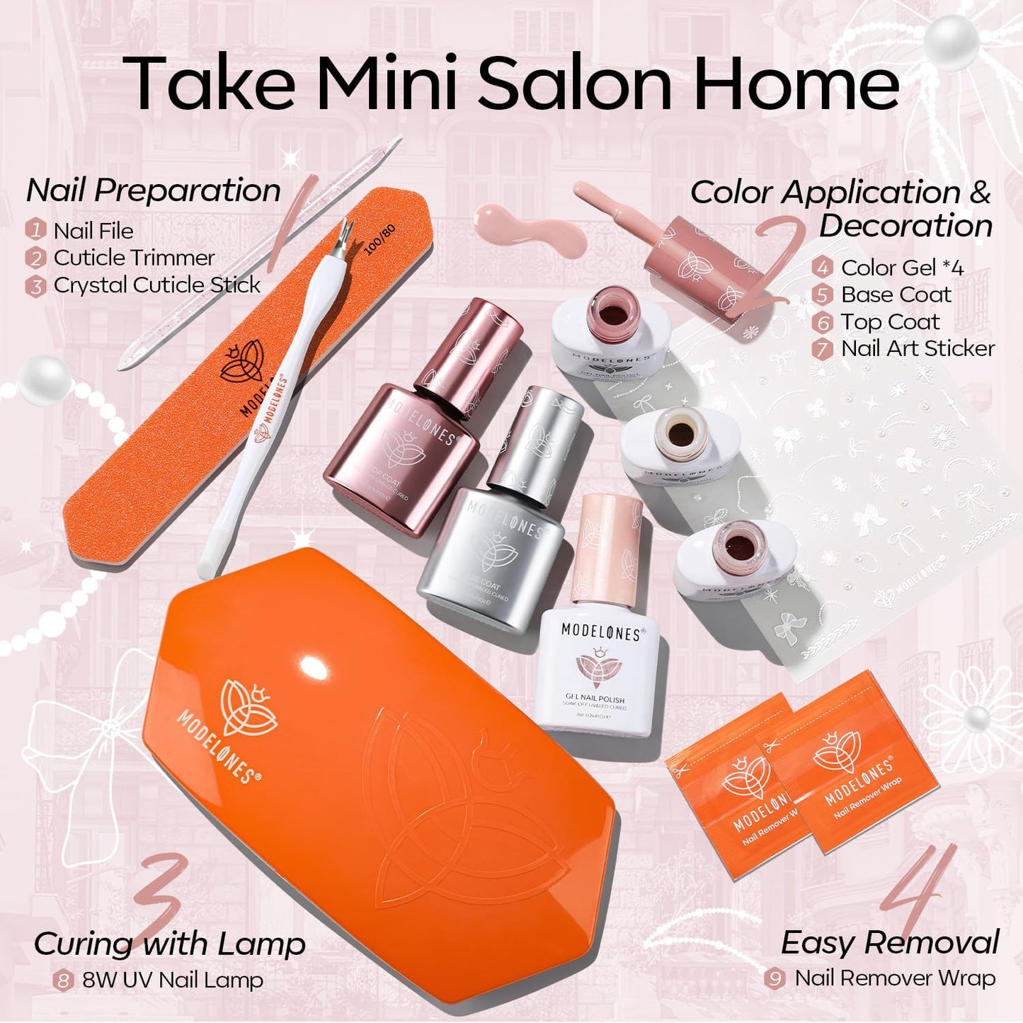 Modelones Gel Nail Polish Kit with UV Light, Milky White Nude Glitter Pink Red Gold Fall Metallic Manicure Set with Base Top Coat Star Stickers 4 Colors Gel Mini Salon Nail Art Gift for Women Girl