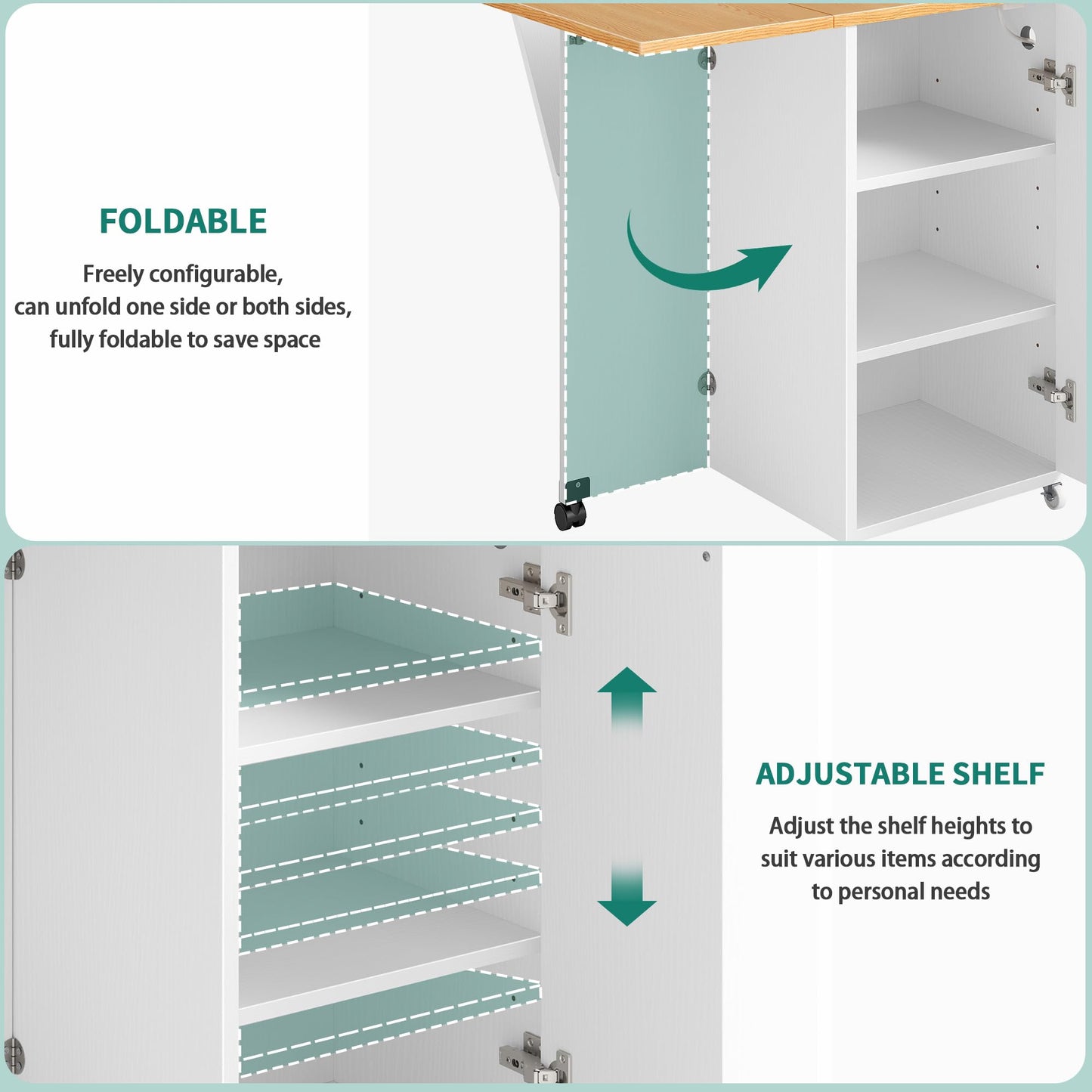 YITAHOME Folding Kitchen Table with Power Outlet, Drop Leaf Kitchen Table Islands for 2 on Wheels, Convertible Trash Can Storage Cabinet for 10 Gallon Garbage Bin, Adjustable Storage Racks, Wihte Oak