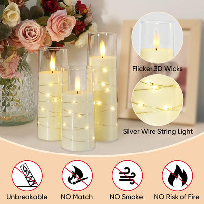 Raycare Flameless Candle with Remote Timer – 9 Flickering Acrylic Battery Operated LED Pillar Candles with Embedded Star String for Christmas, Wedding, Home Decor, and as a Gift (Ivory White)