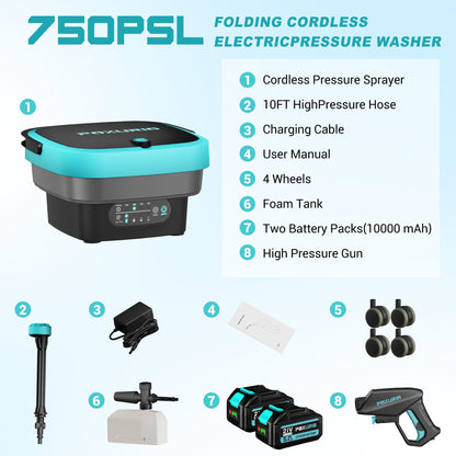 Cordless Washer,Foldable Washer with 2x5.0Ah Battery, 4 Adjustable Model, 4.5Gal Tank 10FT Hose, 6-in-1 Nozzle for Car Washer,Patio,Camping