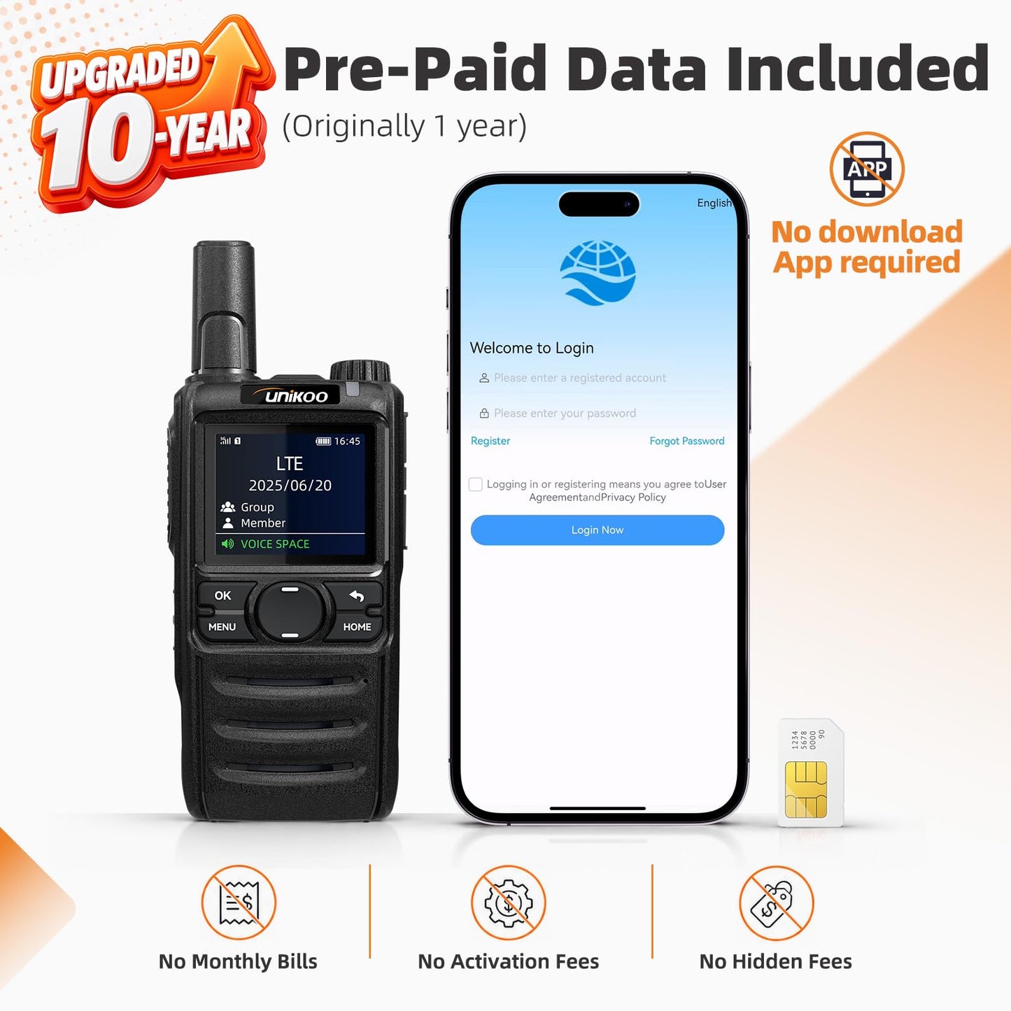 (10 Years Free Data Plan)Walkie Talkie, Rapid Nationwide Long Range, Global Unlimited Long Distance Two Way Radio, 4G LTE POC,with SIM Card for Team Management Family Logistics Security Outdoor-2 Pack