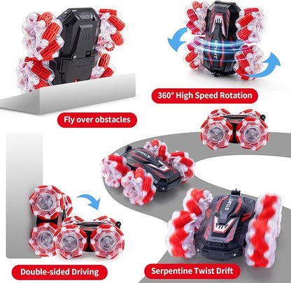 RC Stunt Car Double-Sided 360° Flips 4WD 2.4 GHz Gesture Sensing RC Cars with Cool Lights and Music for Boys Aged 6-12 Great Birthday Presents Toy Cars (Red)