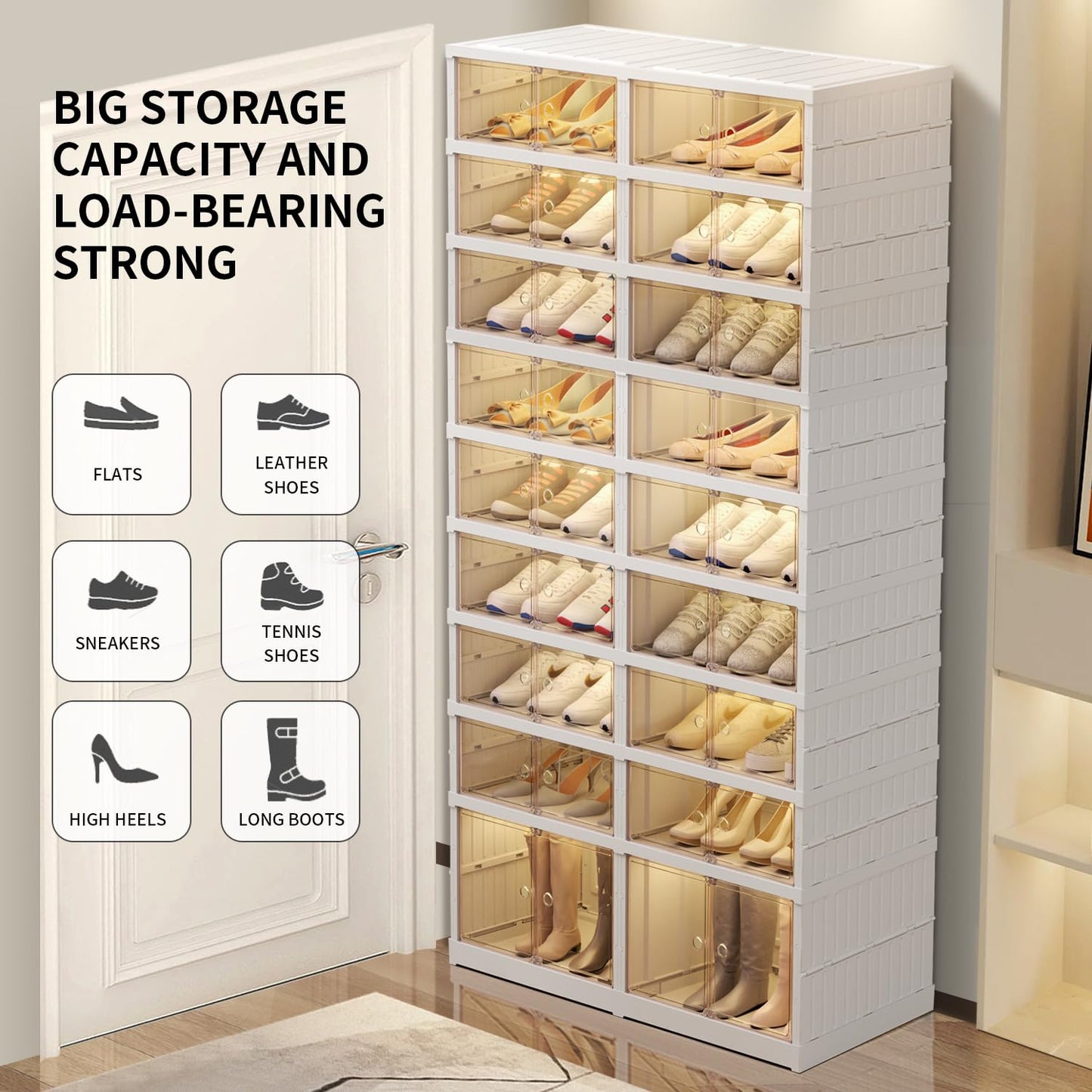 EHAMILY Foldable 9-Tier Shoe Rack Organizer for 18-36 Pairs - Collapsible Clear Plastic Shelf for Closet, Entrance or Front Door - Tall Stackable Folding Shoes Storage Boxes cabinet