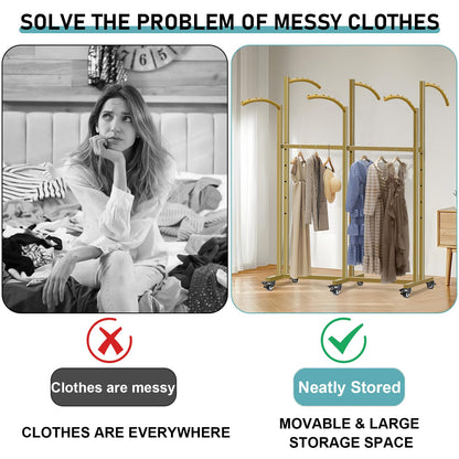Vrietina Floor Standing Metal Garment Rack, 6 Arms Clothing Display Rack with Wheels, Heavy Duty 48'' to 67'' Adjustable Height Retail Clothes Rack Rolling Shirt Rack for Hanging Clothes, Gold
