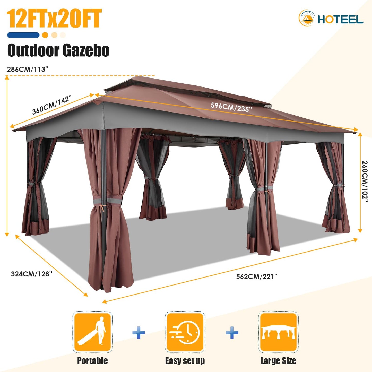 HOTEEL Gazebo 12x20, Outdoor Gazebo on Clearance with Double Ventilated Arc Roof, Privacy Curtains & Mosquito Netting, Easy Set up Canopy Tent with Stable Metal Frame for Patio Gazebo, Brown