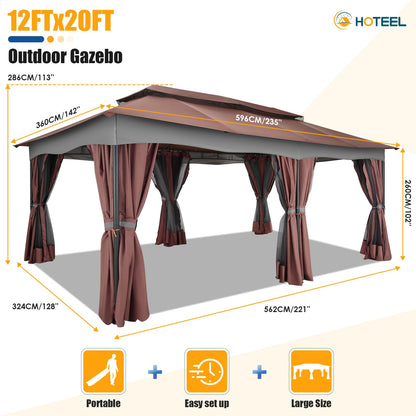 HOTEEL Gazebo 12x20, Outdoor Gazebo on Clearance with Double Ventilated Arc Roof, Privacy Curtains & Mosquito Netting, Easy Set up Canopy Tent with Stable Metal Frame for Patio Gazebo, Brown