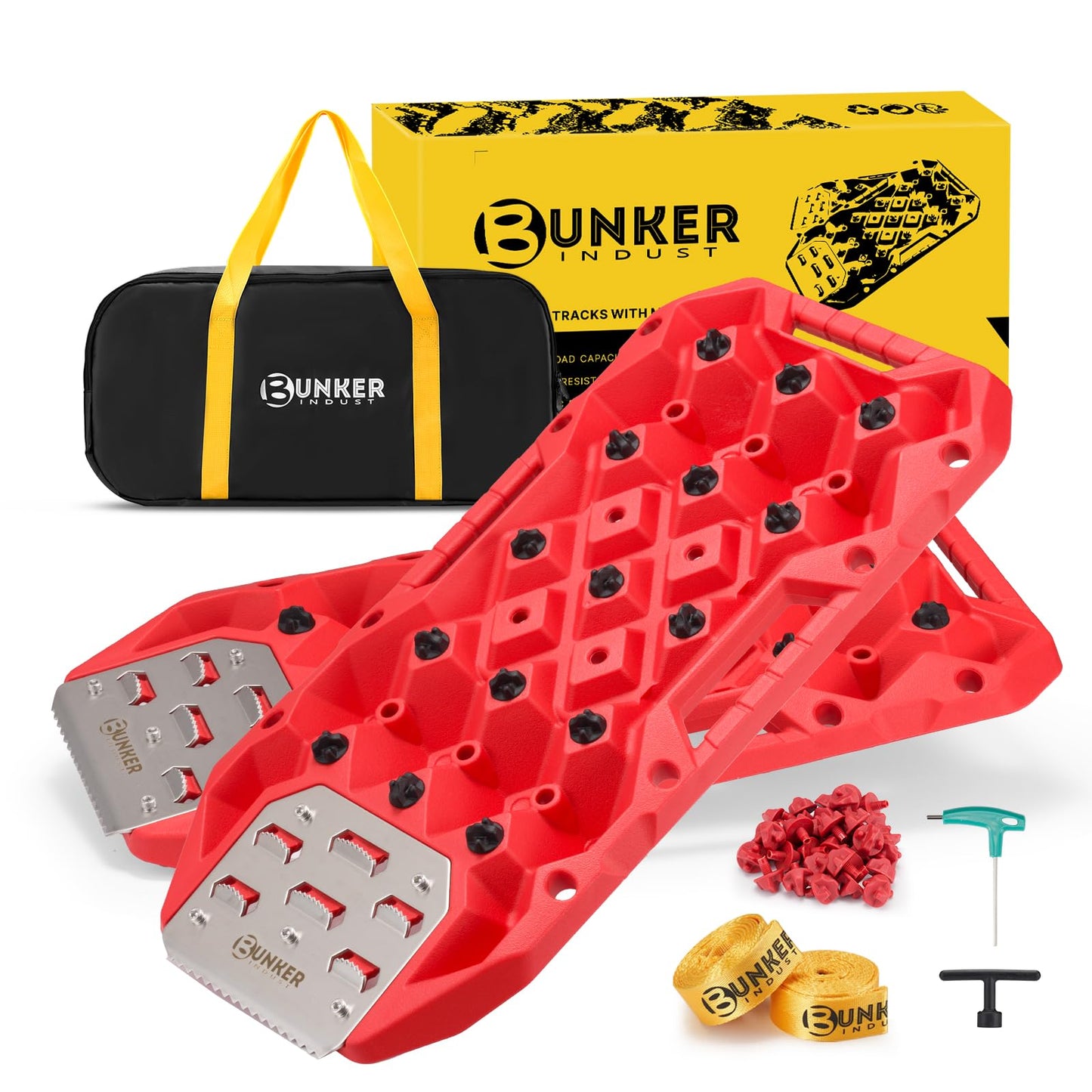 BUNKER INDUST Offroad Traction Boards with Jack Base, Pair Portable Recovery Track Tire Traction Mat - Red Sand,Mud,Snow Tracks(Replaceable Dual Colors Teeth/Rugged Steel Plate), Gen 12th
