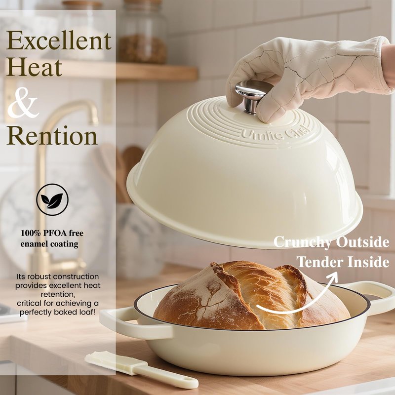 Enameled Round Cast Iron Bread Oven, 6 Qt Cast Iron Dutch Oven for Homemade Sourdough Bread Baking, Bread Pot with Dome Lid & Cotton Potholders (Cream White)