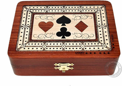 House of Cribbage - 2 Track - Wooden Cribbage Board/Box - Inlaid in Bloodwood/Maple Wood - Storage for Pegs &amp One Deck of Cards - 60 Points - Non Continuous