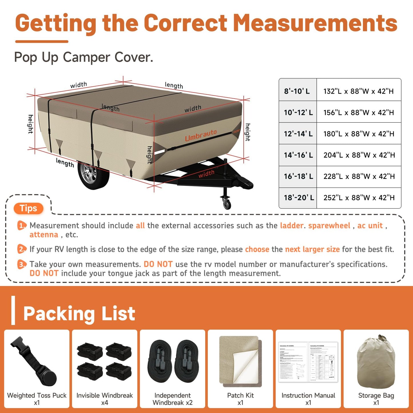 Umbrauto Pop Up Camper Cover 16' ~ 18', Heavy-Duty Waterproof Windproof Folding Tent Trailer – 9-Layer Top, 3-Layer Side, Sun-Resistant, Popup Trailer Cover for All-Weather Protection