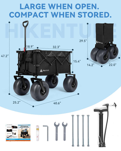 Hikenture Beach Wagon with 12" Balloon Wheels, Upgraded PU Tires Collapsible Wagon, 500lbs Heavy Duty Beach Cart for Sand, Large Capacity Foldable Utility Wagon for Family Outings