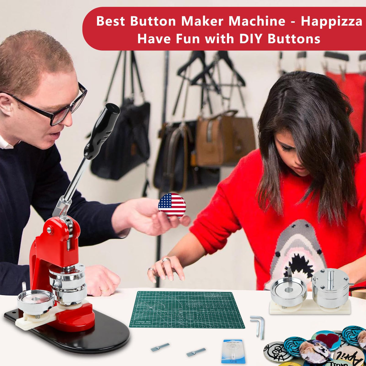 Happizza Button Maker Machine Multiple Sizes, Button Pin Maker 1+1.25+2.25 inch, Interchangeable Button-models Badge Button Press Machine with 300 Sets Button Maker Supplies &Circle Cutter&Cutting Mat