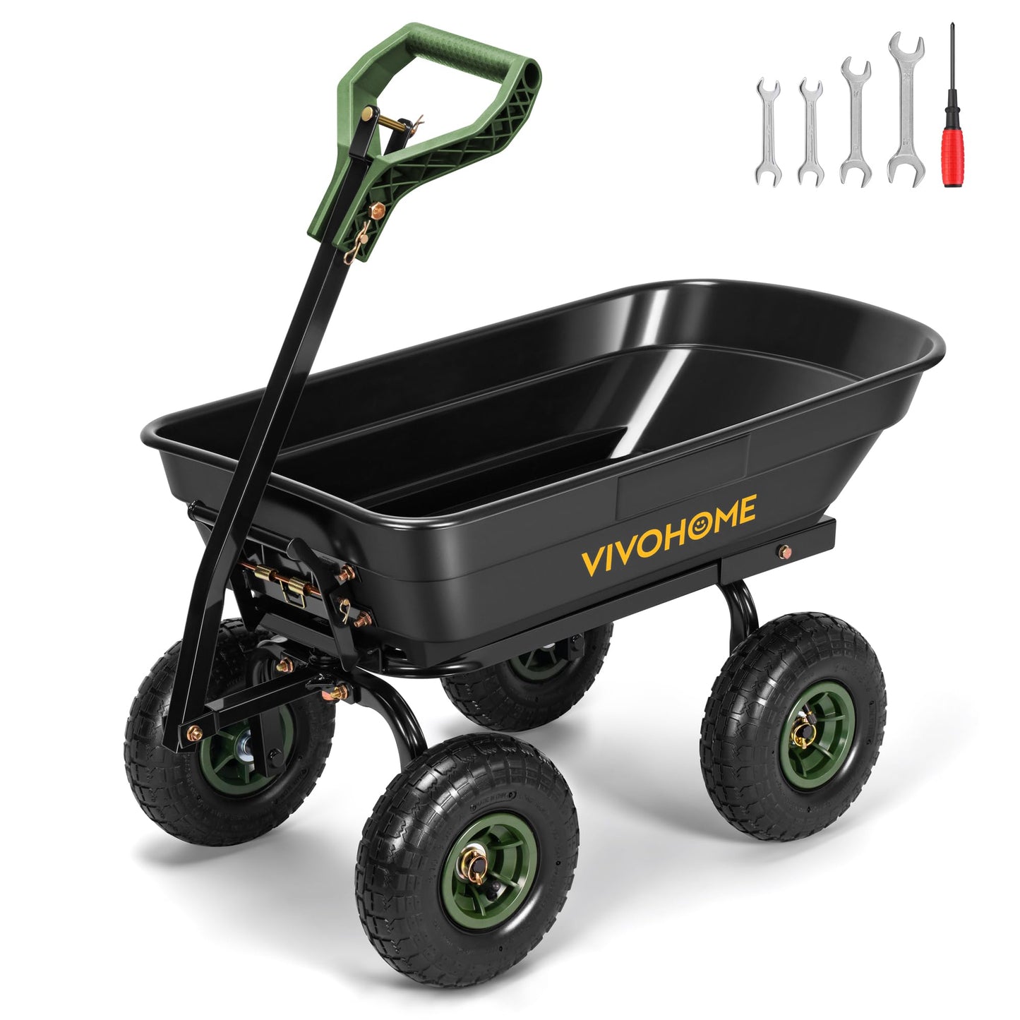 VIVOHOME 4 Cu.Ft 660lbs Wheelbarrow Garden Cart Dump Wagon with 2-in-1 Convertible Handle Attach to ATV or Tractor, 10" All Terrain Wheels, Quick Release System, Heavy Duty Utility Trailer for Yard