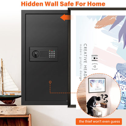 25.6" Tall Fireproof Wall Safes Between the Studs 16" Centers, Hidden Wall Safe with 2 Removable Shelf & Hidden Tray, Heavy Duty Wall Mount Safe for Money, Jewelry, Passport, Valuables