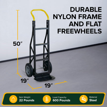 Harper Trucks Flat Free 600 Pound Capacity Heavy-Duty Nylon Frame Hand Truck Dolly Cart with Steel Handle for Warehouses, Offices & Construction Site