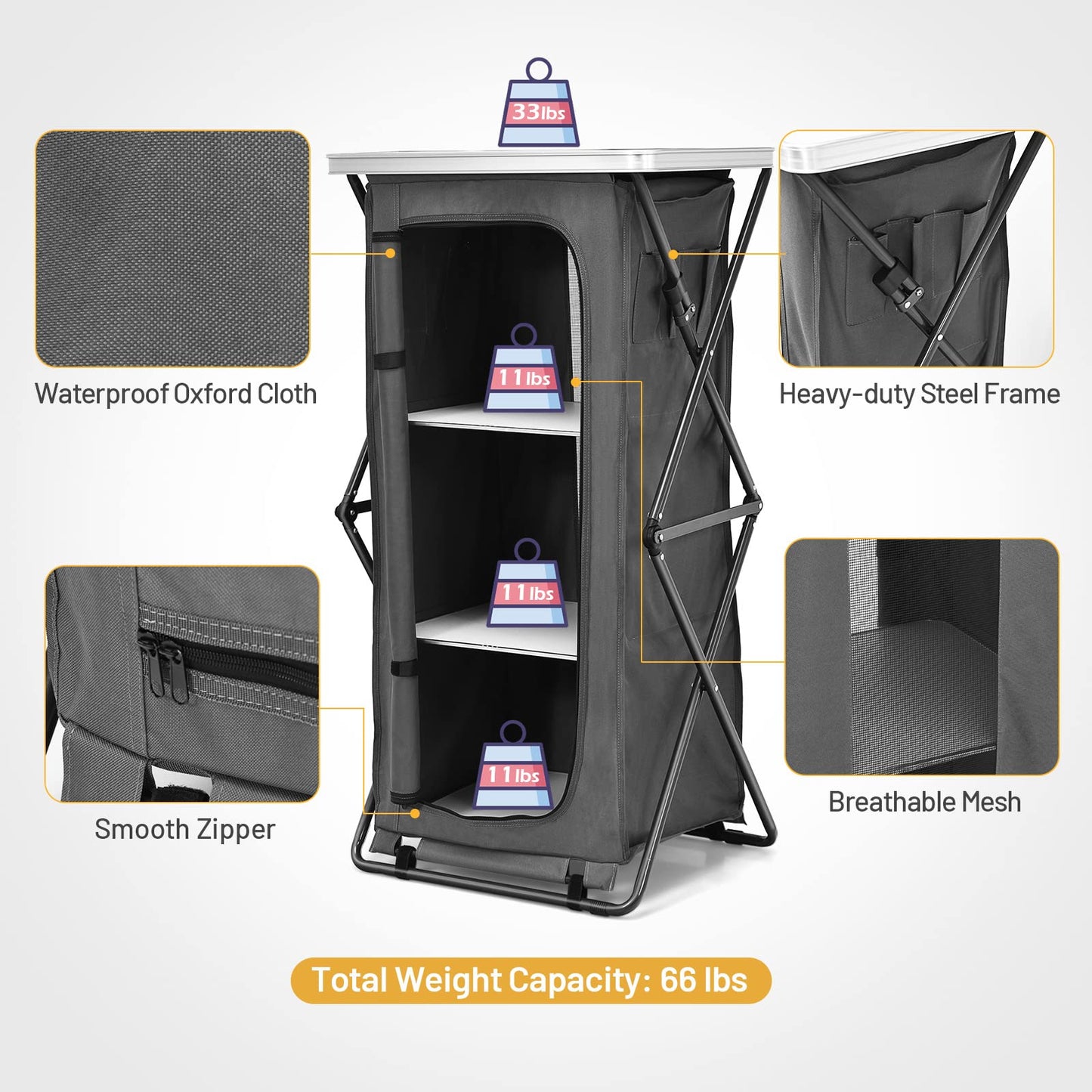 Giantex Folding Camping Storage Cabinet with 3 Shelves and Carry Bag, Portable Outdoor Organizer Kitchen Table, Quick Set-up for BBQ, Picnic, Backyard, Compact Pop-Up Cupboard, 47''H