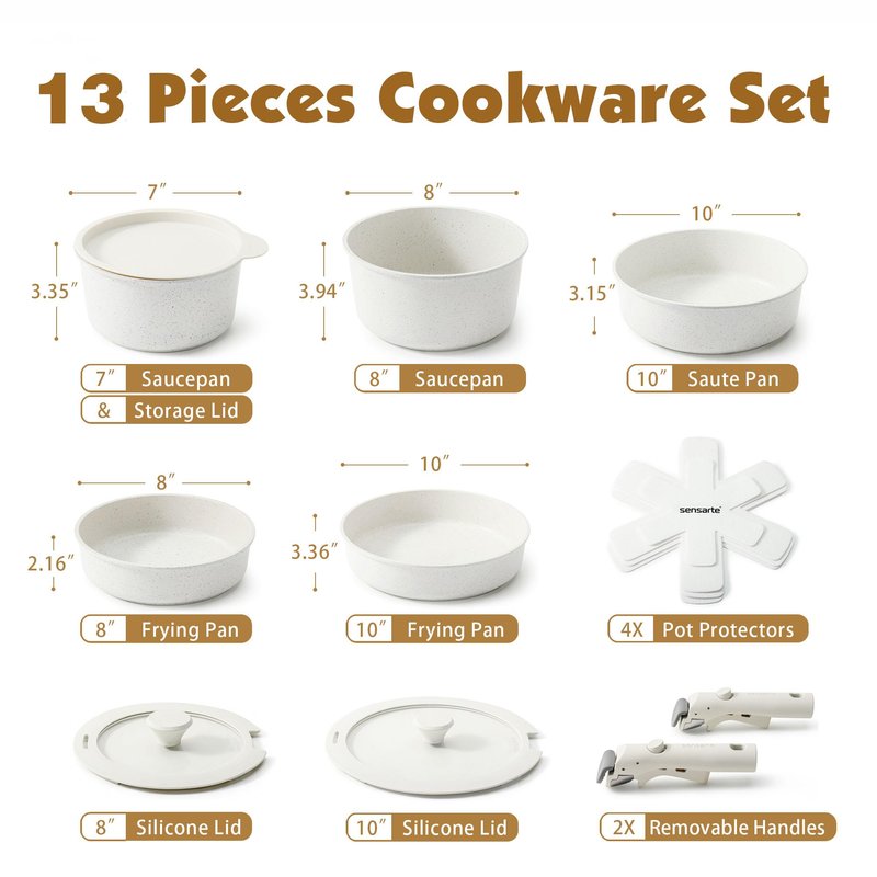 SENSARTE 13 Piece Pots and Pans Set, Nonstick Detachable Handle Cookware, Induction Kitchen Cookware Set with Removable Handle, Healthy Non Stick for RV, Dishwasher ＆ Oven Safe (White)