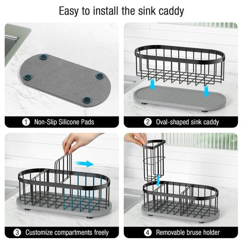 HOKEMOM Sponge Holder for Kitchen Sink with High Brush Holder, [Stay-Dry Anywhere & No Drainage Needed] Rustproof Stainless Steel Kitchen Sink Caddy Organizer with Water Absorbing Stone Tray, Black