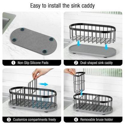 HOKEMOM Sponge Holder for Kitchen Sink with High Brush Holder, [Stay-Dry Anywhere & No Drainage Needed] Rustproof Stainless Steel Kitchen Sink Caddy Organizer with Water Absorbing Stone Tray, Black