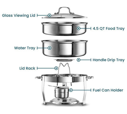 Chafing Dish for Buffet Set, by Kook, Catering Food Warmers, Round Dishes, Warmer Tray, Stainless Steel with Glass Cover and Holder, for Parties, Dinners, 4.5 Qt