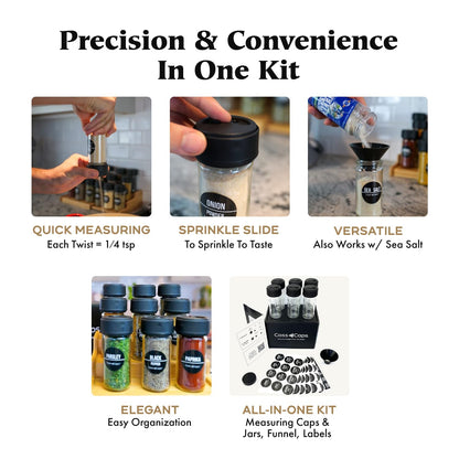 CassCaps Spice Jars & Measuring Caps Set – Measure Straight from The Bottle! Faster Meal Prep, No Mess, No Clean Up. 6 Pack