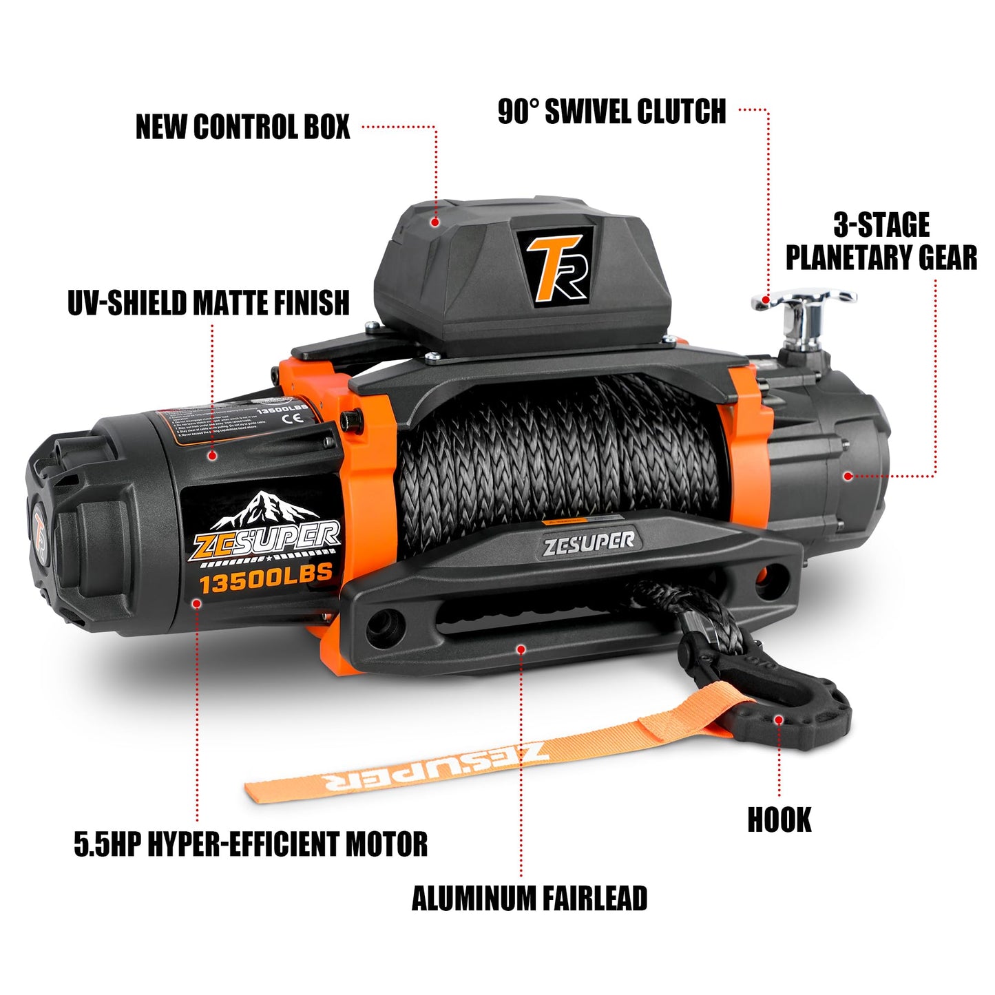 ZESUPER 13500 lb Load Capacity 12V Electric Winch 100ft Synthetic Rope Hook Winch Kit for Jeeps Trailer Truck SUV Waterproof IP68 Winches with Hawse Fairlead and 2 in 1 Wired&Wireless Handle Remote